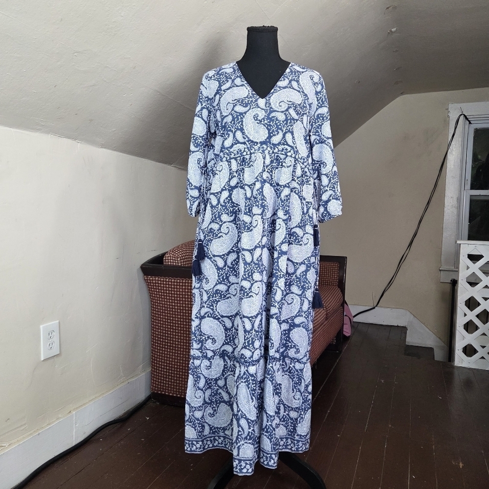 La Plage XS Blue White Paisley Cotton Boho Maxi Dress Tassel Tie 100% Cotton